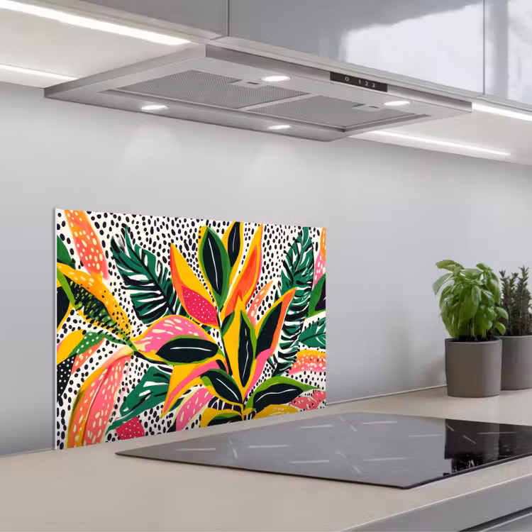 Tropisch - Bladeren - Zwart - wit keuken achterwand spatscherm klein -3d_schuin