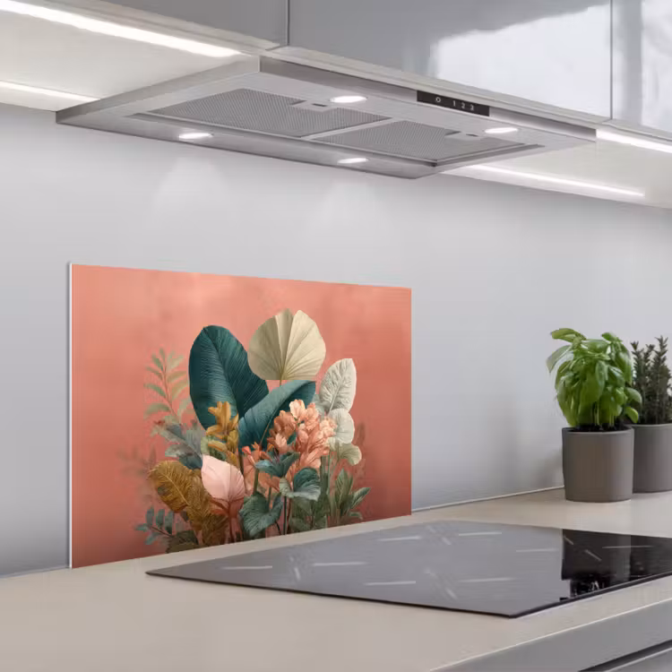 Tropische bladeren - Bloemen - Roze - groen keuken achterwand spatscherm klein -3d_schuin