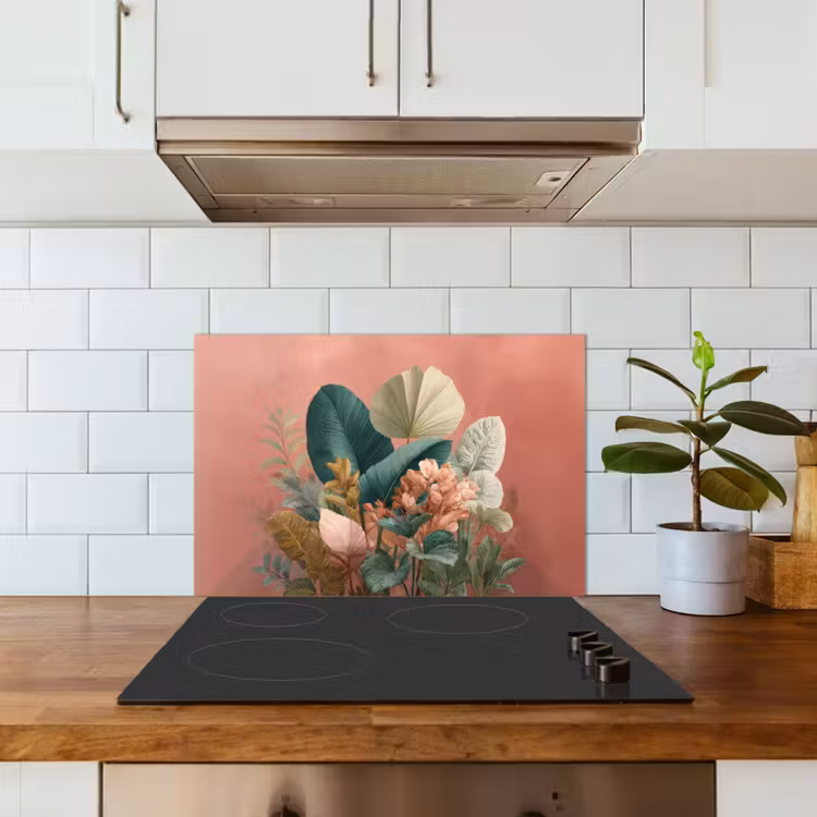 Tropische bladeren - Bloemen - Roze - groen keuken achterwand spatscherm klein -sfeer2