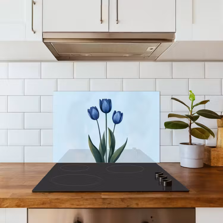 Tulpen - Blauw - Bladeren keuken achterwand spatscherm klein -sfeer2