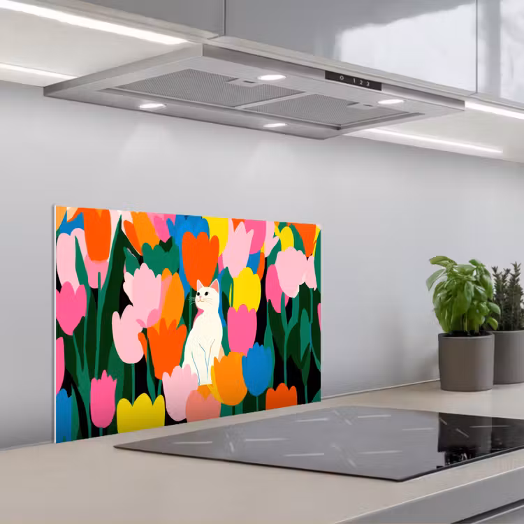Tulpen - Kat - Kleurrijk keuken achterwand spatscherm klein -3d_schuin