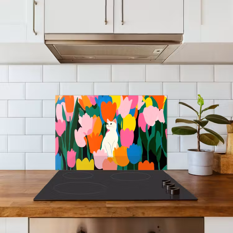 Tulpen - Kat - Kleurrijk keuken achterwand spatscherm klein -sfeer2