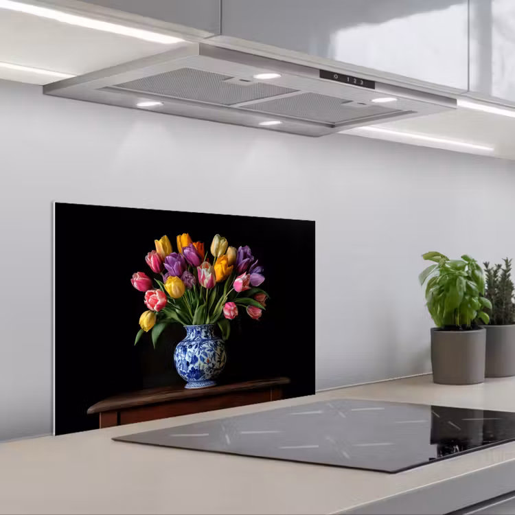 Tulpen - Kleuren - Hout - Vaas keuken achterwand spatscherm klein -3d_schuin