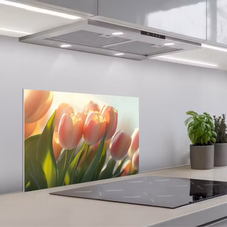 Tulpen - Roze - Zonnestralen keuken achterwand spatscherm klein -3d_schuin