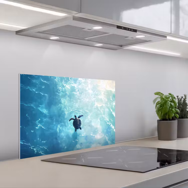 Schildpad - Zee - Blauw - Schittering keuken achterwand spatscherm klein -3d_schuin