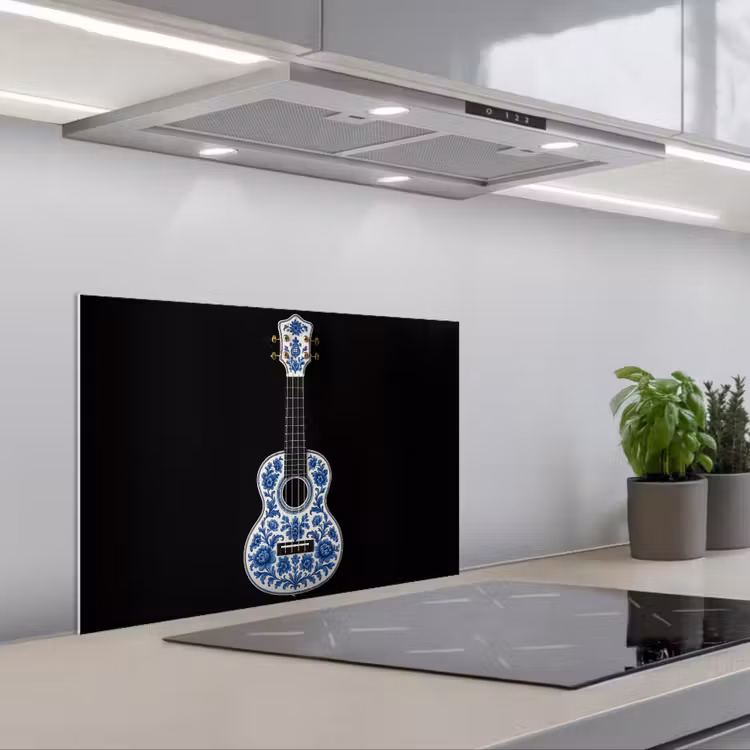 Ukelele - Delfts - Blauw - Muziek keuken achterwand spatscherm klein -3d_schuin