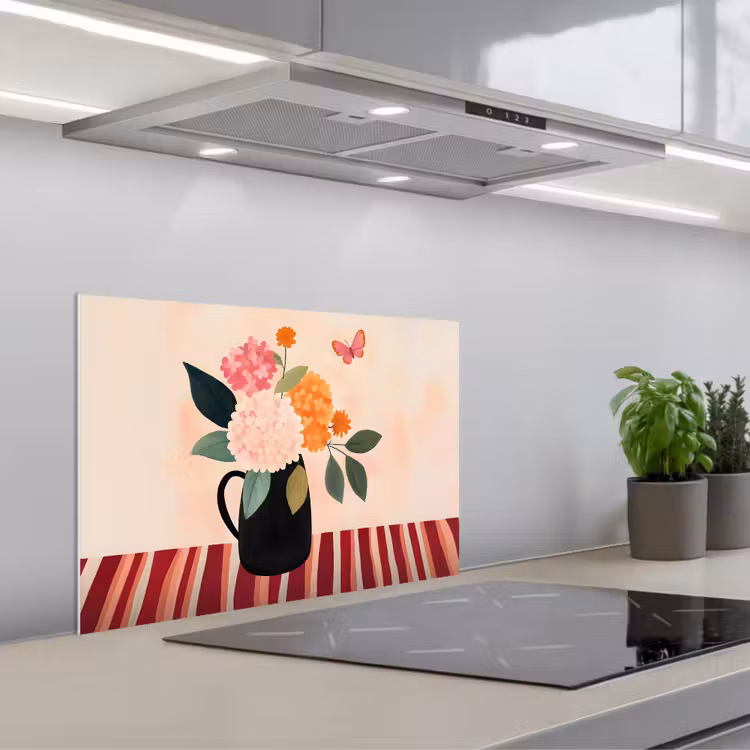 Vaas - Bloemen - Vlinder - Rood keuken achterwand spatscherm klein -3d_schuin
