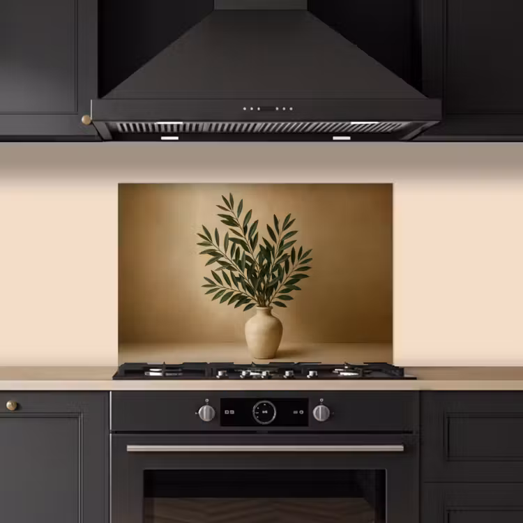 Vaas - Olijftakken - Bladeren - Beige keuken achterwand spatscherm klein -sfeer1