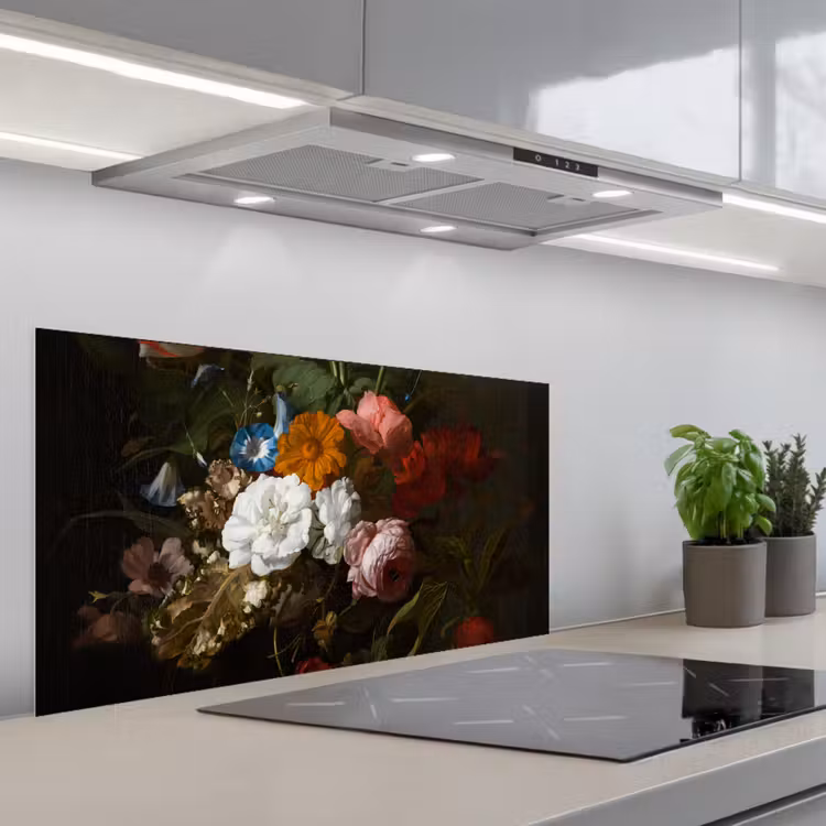 Vaas met bloemen - Schilderij van Rachel Ruysch keuken achterwand spatscherm middel -3d_schuin