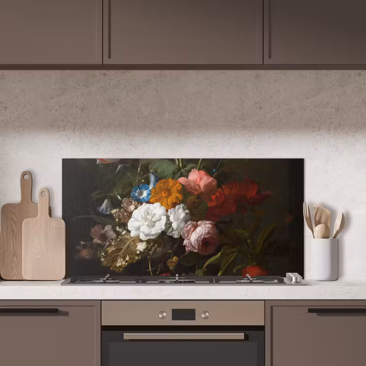 Vaas met bloemen - Schilderij van Rachel Ruysch keuken achterwand spatscherm middel -sfeer2