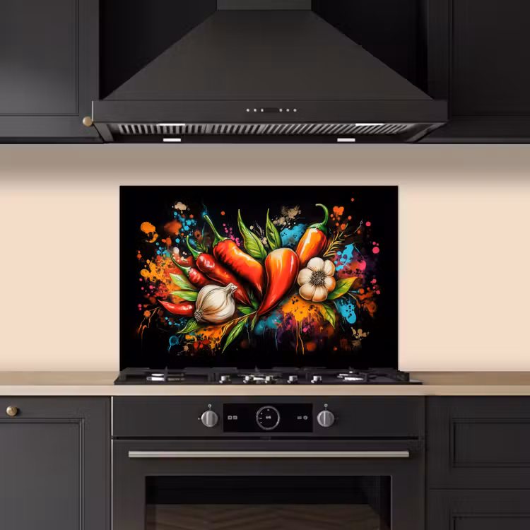 Groente - Peper - Knoflook - Graffiti - Verf - Kleurrijk keuken achterwand spatscherm klein -sfeer1