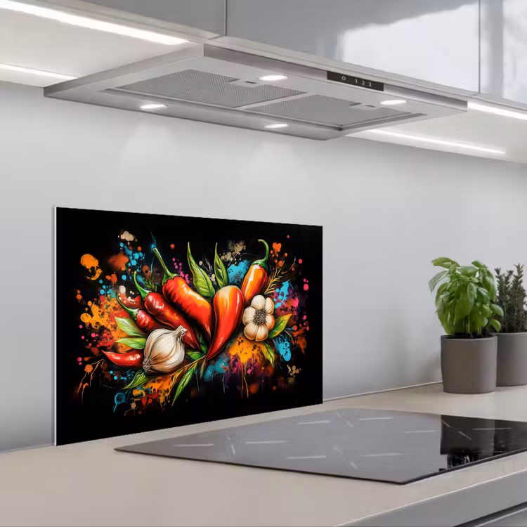 Groente - Peper - Knoflook - Graffiti - Verf - Kleurrijk keuken achterwand spatscherm klein -3d_schuin