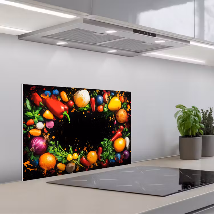 Groente - Graffiti - Kleurrijk - Koken - Abstract keuken achterwand spatscherm klein -3d_schuin