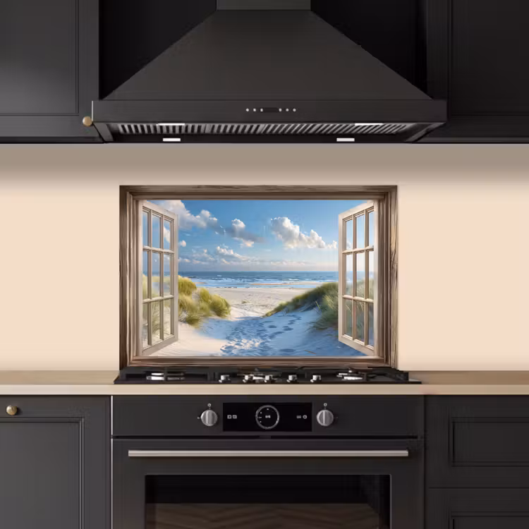 Doorkijk - Strand - Raam - Duinen - Zee keuken achterwand spatscherm klein -sfeer1
