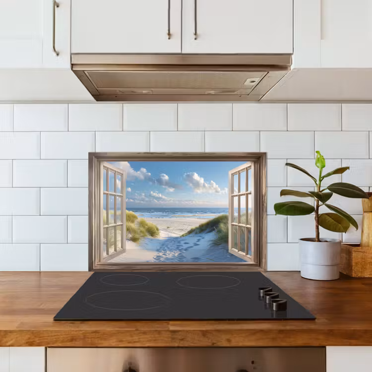 Doorkijk - Strand - Raam - Duinen - Zee keuken achterwand spatscherm klein -sfeer2