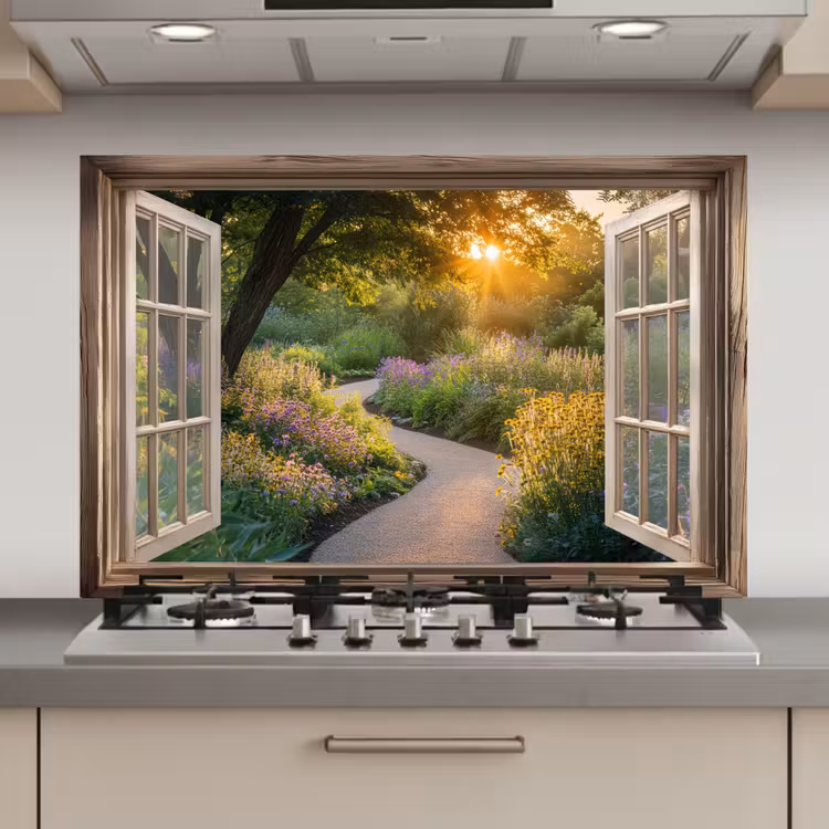 Doorkijk - Bloemen - Natuur - Zon - Pad keuken achterwand spatscherm klein -3d_website