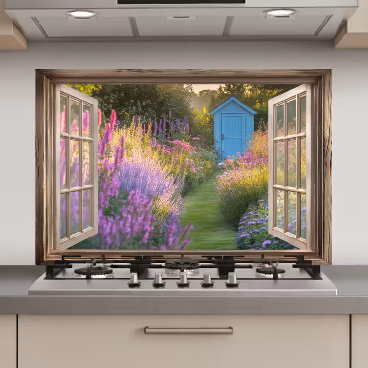 Doorkijk - Bloemen - Raam - Natuur keuken achterwand spatscherm klein -3d_website