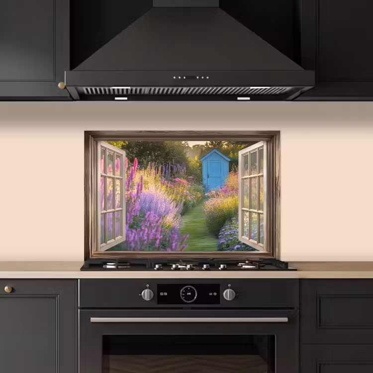 Doorkijk - Bloemen - Raam - Natuur keuken achterwand spatscherm klein -sfeer1
