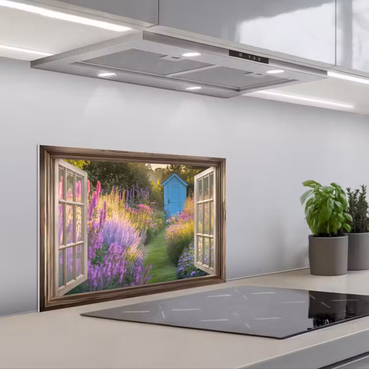 Doorkijk - Bloemen - Raam - Natuur keuken achterwand spatscherm klein -3d_schuin