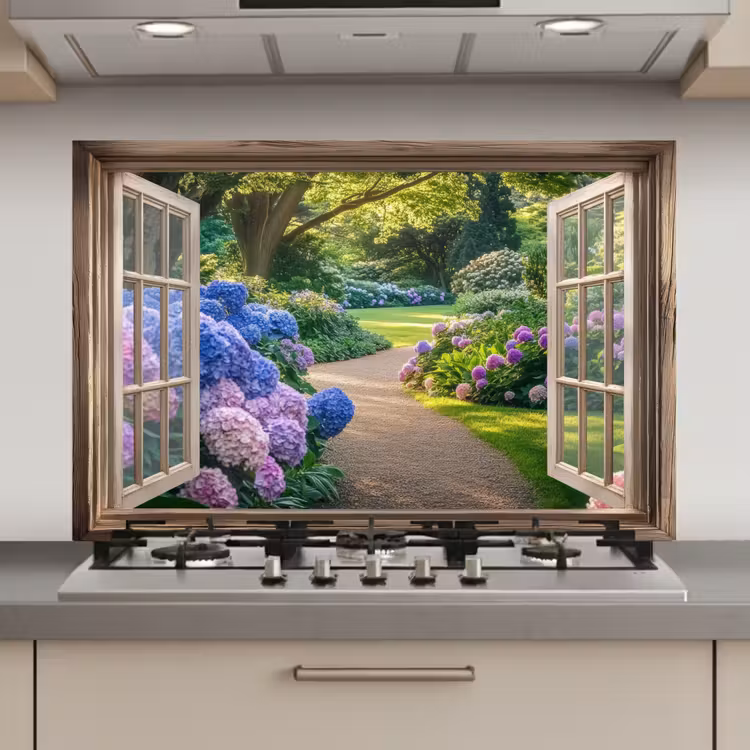 Doorkijk - Tuin - Raam - Hortensia - Bloemen keuken achterwand spatscherm klein -3d_website
