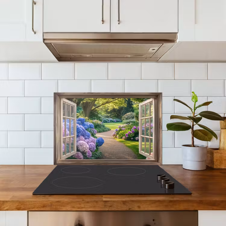 Doorkijk - Tuin - Raam - Hortensia - Bloemen keuken achterwand spatscherm klein -sfeer2