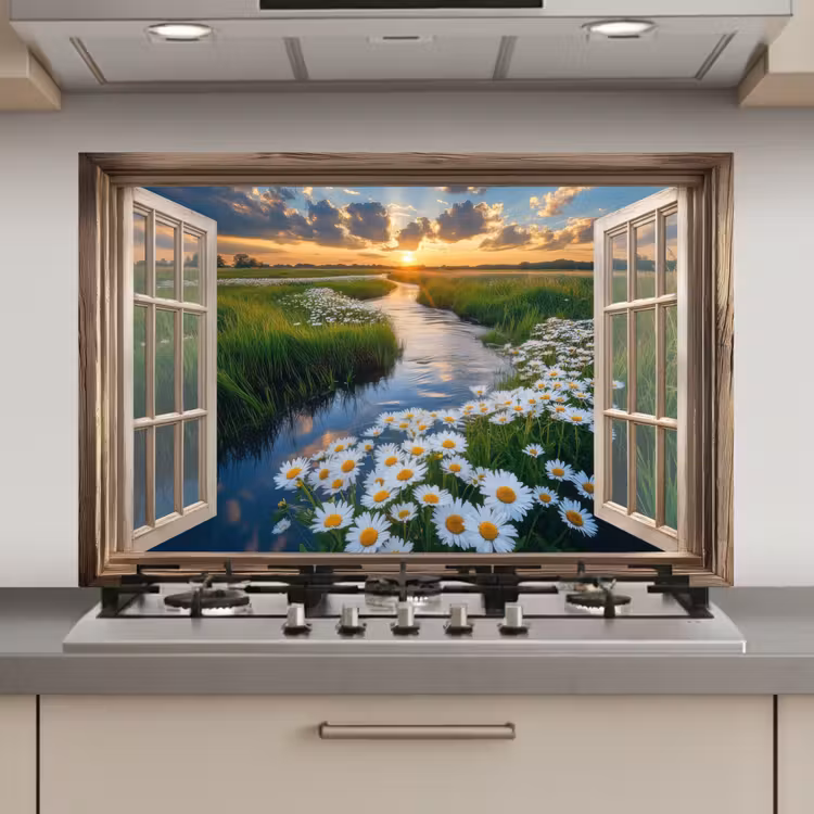 Doorkijk - Landschap - Raam - Water - Zonsondergang keuken achterwand spatscherm klein -3d_website