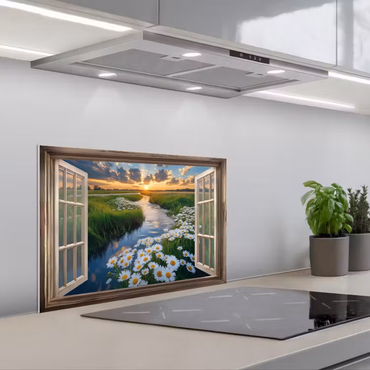 Doorkijk - Landschap - Raam - Water - Zonsondergang keuken achterwand spatscherm klein -3d_schuin