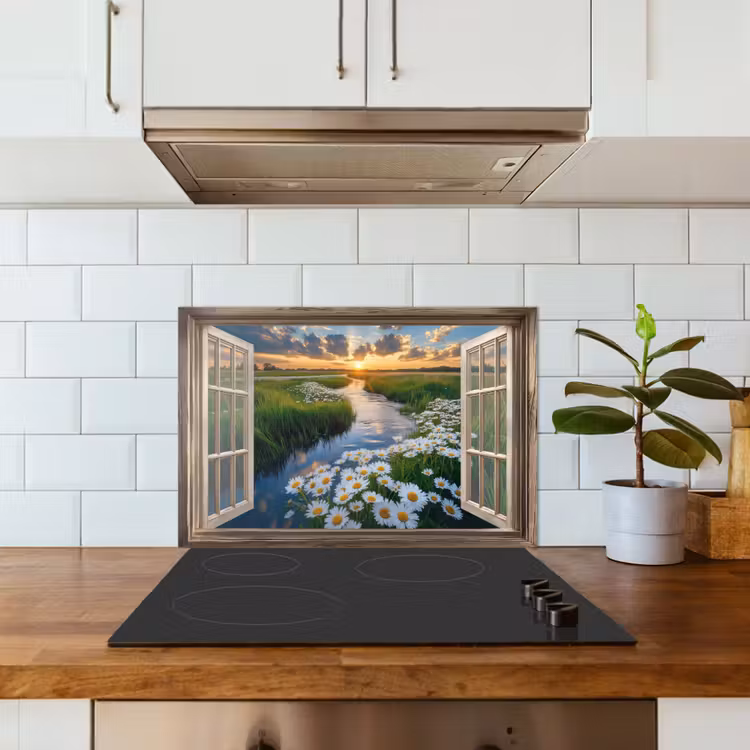 Doorkijk - Landschap - Raam - Water - Zonsondergang keuken achterwand spatscherm klein -sfeer2