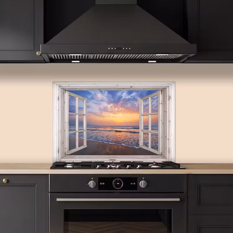 Doorkijk - Zee - Strand - Zonsondergang - Blauw keuken achterwand spatscherm klein -sfeer1