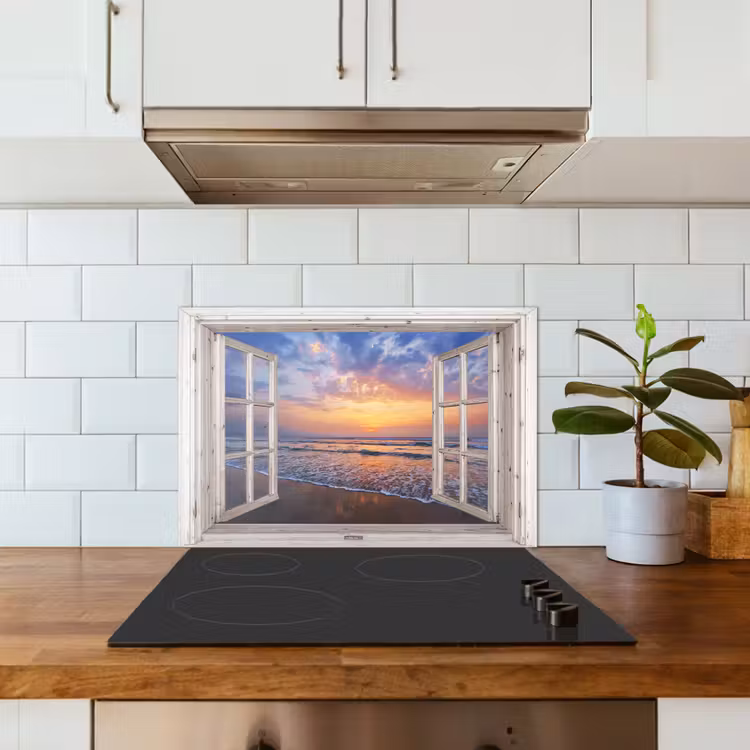 Doorkijk - Zee - Strand - Zonsondergang - Blauw keuken achterwand spatscherm klein -sfeer2
