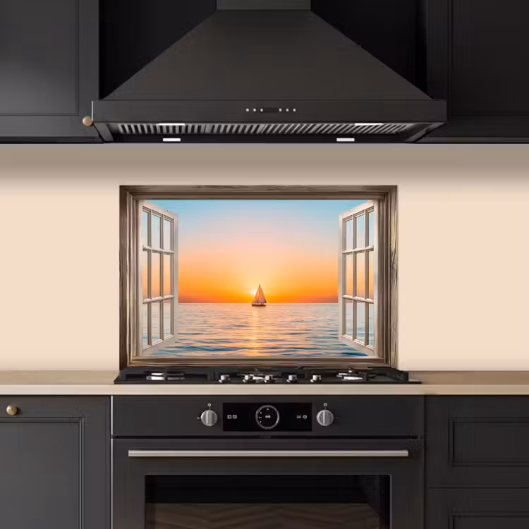 Doorkijk - Zee - Boot - Zonsondergang keuken achterwand spatscherm klein -sfeer1