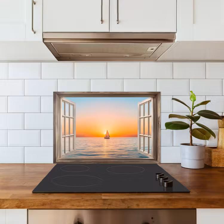 Doorkijk - Zee - Boot - Zonsondergang keuken achterwand spatscherm klein -sfeer2