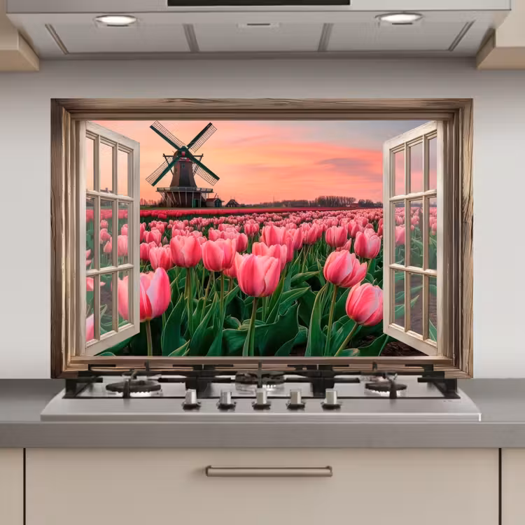 Doorkijk - Tulpen - Bloemen - Molen - Raam keuken achterwand spatscherm klein -3d_website
