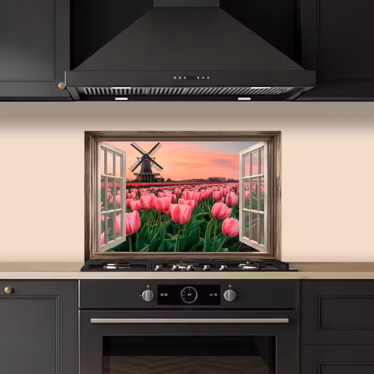 Doorkijk - Tulpen - Bloemen - Molen - Raam keuken achterwand spatscherm klein -sfeer1