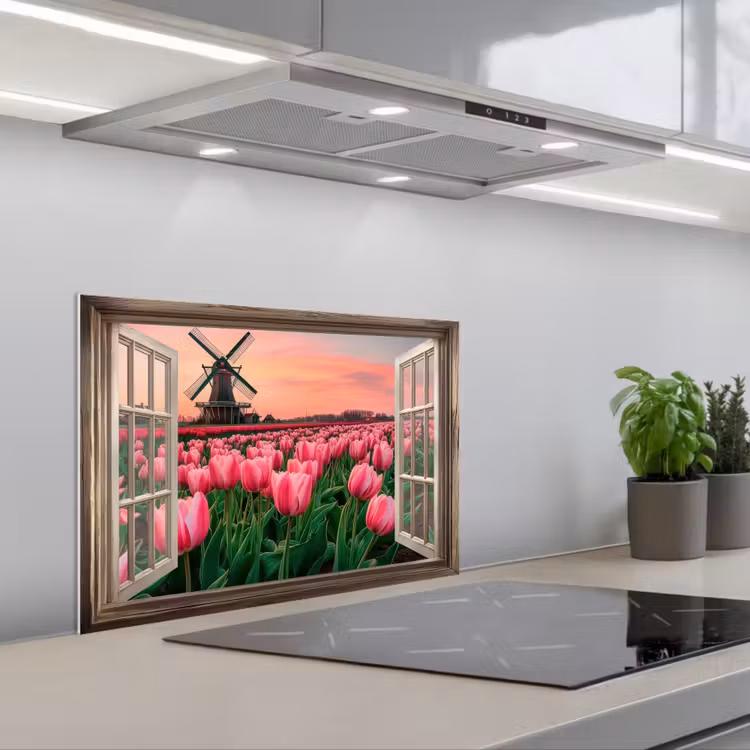 Doorkijk - Tulpen - Bloemen - Molen - Raam keuken achterwand spatscherm klein -3d_schuin