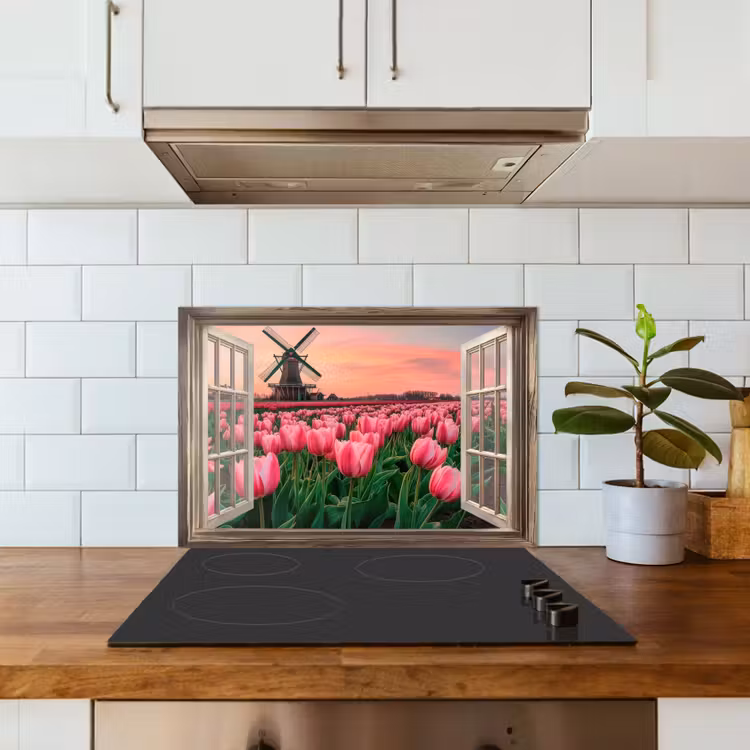 Doorkijk - Tulpen - Bloemen - Molen - Raam keuken achterwand spatscherm klein -sfeer2