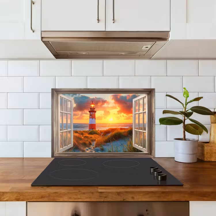 Doorkijk - Raam - Vuurtoren - Zonsondergang - Strand keuken achterwand spatscherm klein -sfeer2