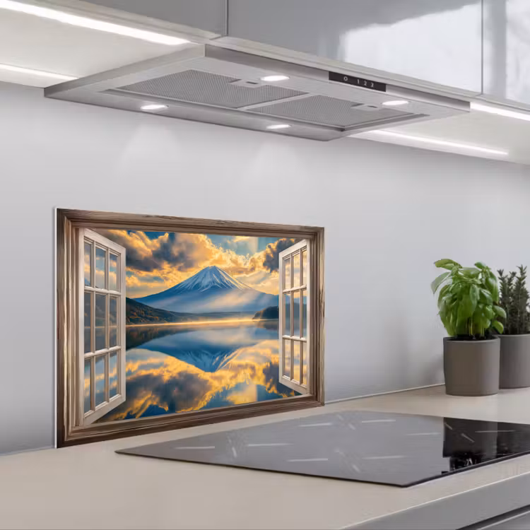 Doorkijk - Landschap - Bergen - Uitzicht - Raam keuken achterwand spatscherm klein -3d_schuin
