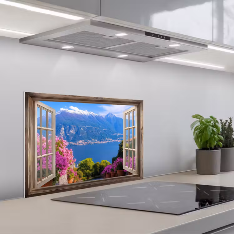 Doorkijk - Berg - Landschap - Uitzicht - Meer keuken achterwand spatscherm klein -3d_schuin