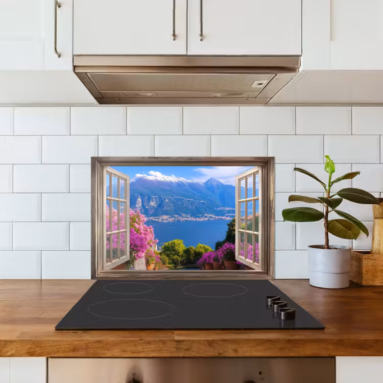 Doorkijk - Berg - Landschap - Uitzicht - Meer keuken achterwand spatscherm klein -sfeer2