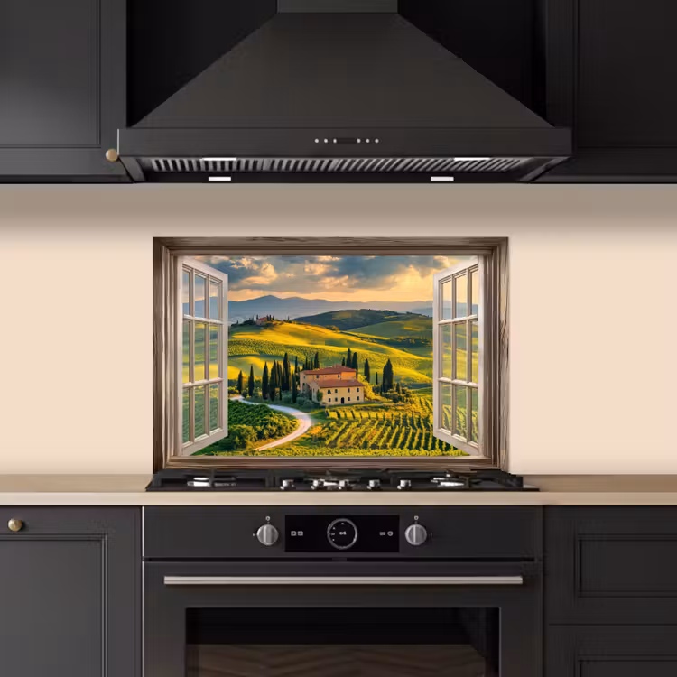 Doorkijk - Toscane - Uitzicht - Landschap - Zomer keuken achterwand spatscherm klein -sfeer1