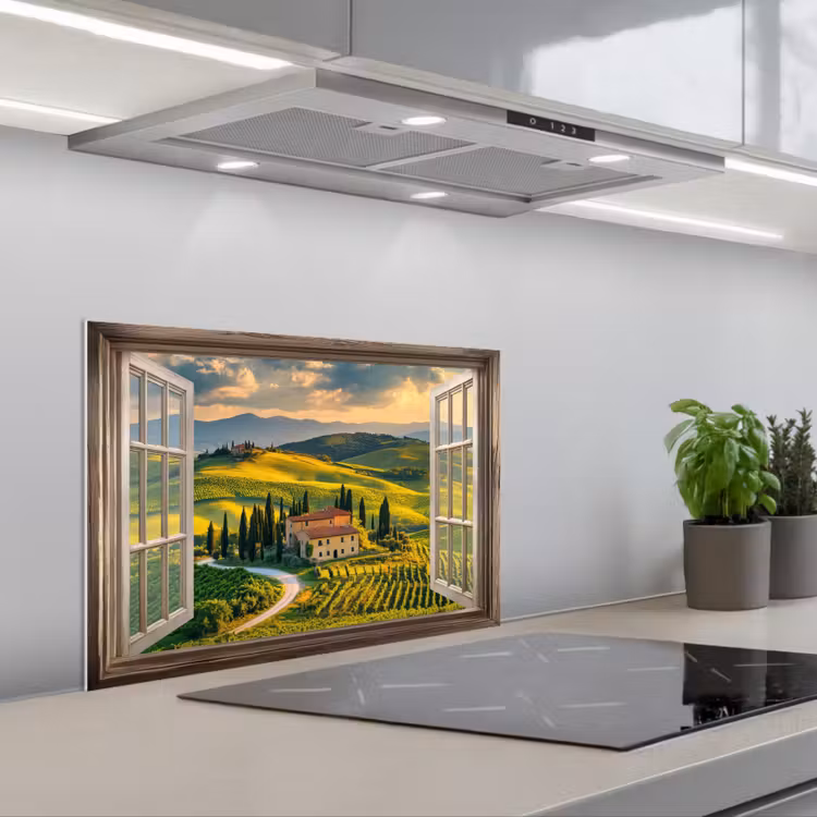 Doorkijk - Toscane - Uitzicht - Landschap - Zomer keuken achterwand spatscherm klein -3d_schuin