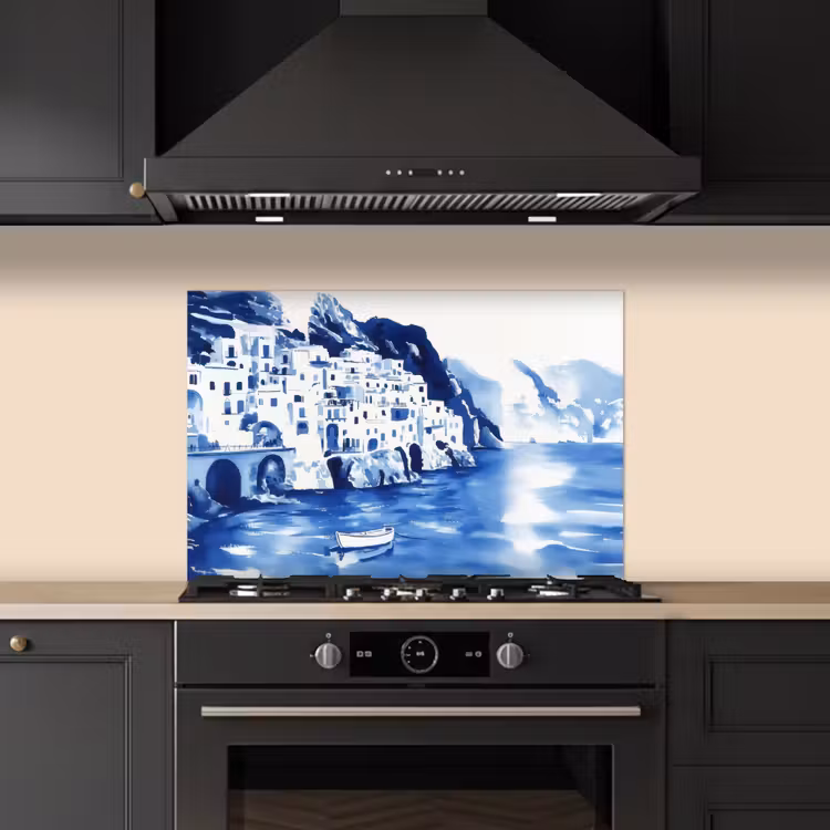 Dorp - Rotswand - Roeiboot - Water keuken achterwand spatscherm klein -sfeer1
