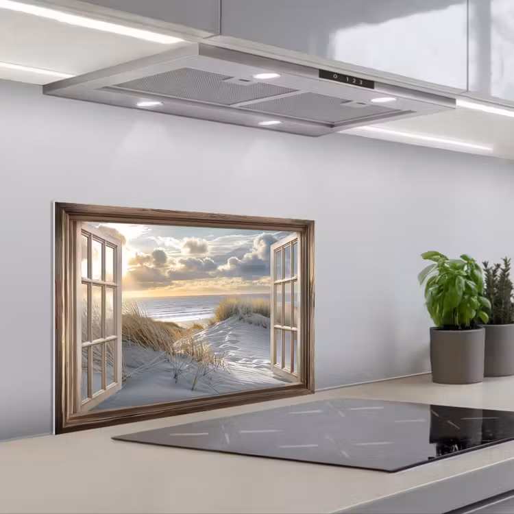Doorkijk - Strand - Duinen - Zee - Natuur keuken achterwand spatscherm klein -3d_schuin