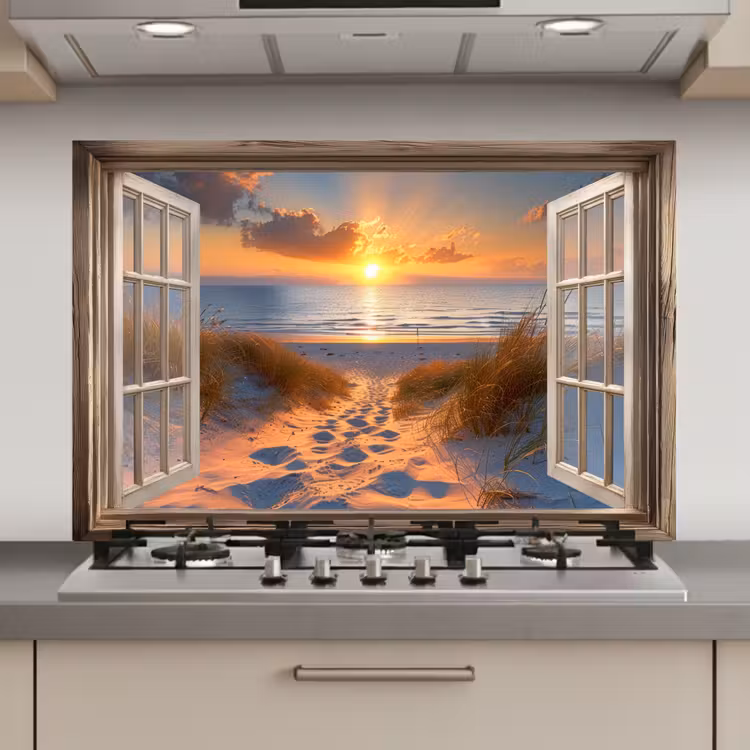 Doorkijk - Strand - Duinen - Zonsondergang keuken achterwand spatscherm klein -3d_website
