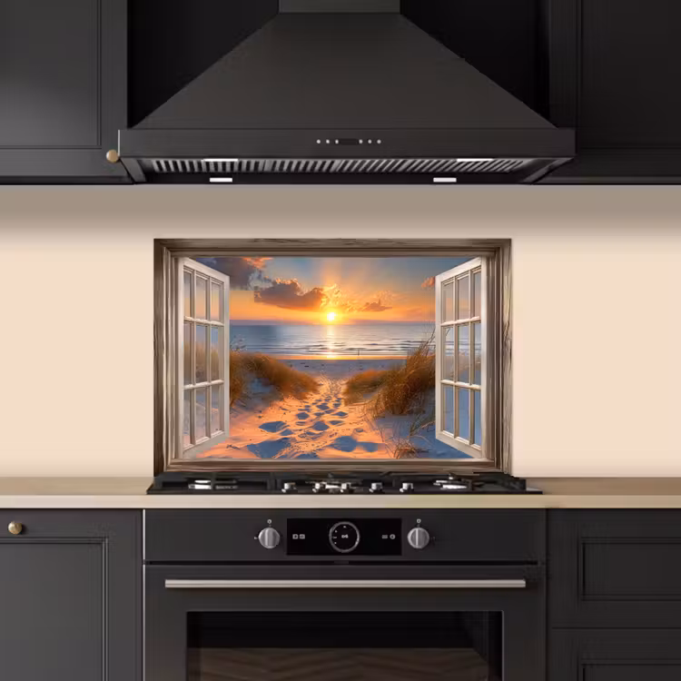 Doorkijk - Strand - Duinen - Zonsondergang keuken achterwand spatscherm klein -sfeer1