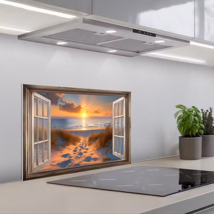 Doorkijk - Strand - Duinen - Zonsondergang keuken achterwand spatscherm klein -3d_schuin