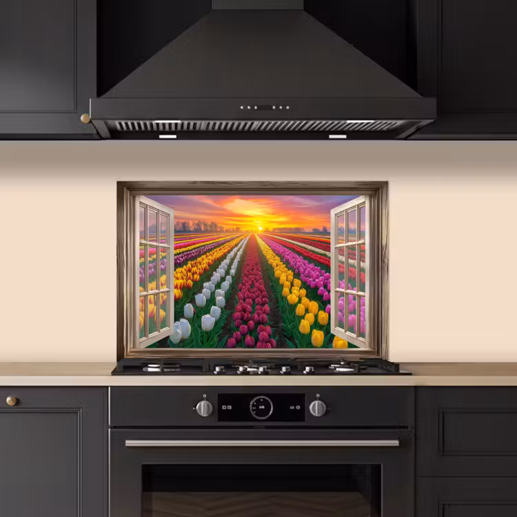 Doorkijk - Bloemen - Tulpen - Kleurrijk - Zonsondergang keuken achterwand spatscherm klein -sfeer1