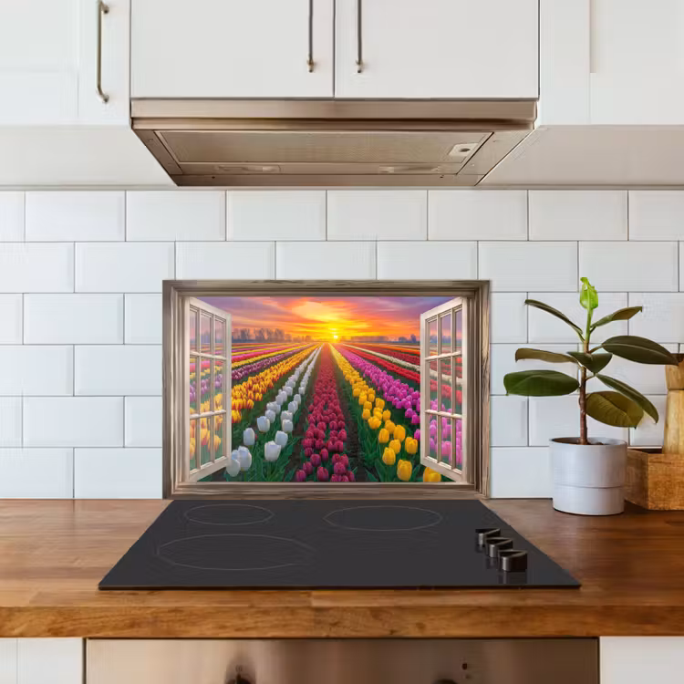 Doorkijk - Bloemen - Tulpen - Kleurrijk - Zonsondergang keuken achterwand spatscherm klein -sfeer2