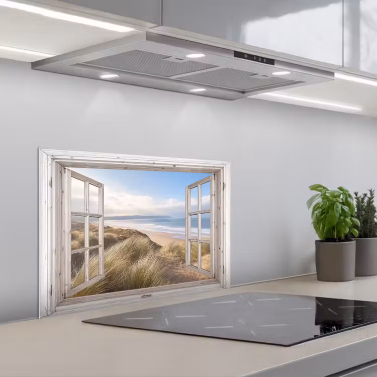 Doorkijk - Zee - Strand - Duinen keuken achterwand spatscherm klein -3d_schuin